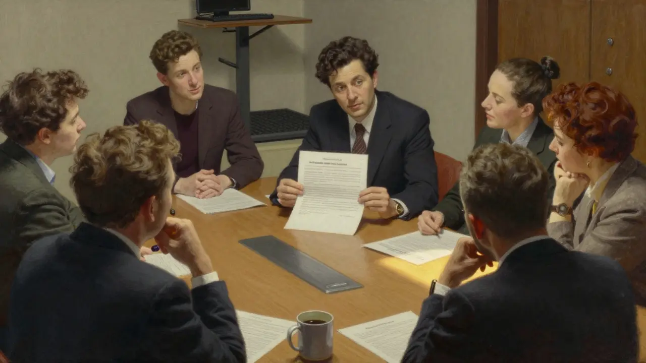 Diverse team discussing workplace accommodations with documents and ergonomic tools visible.