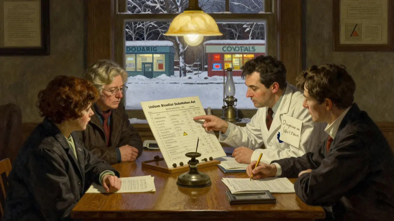 Group of healthcare workers reviewing a uniform law draft, with warning symbols for thyroid and blood thinner drugs.