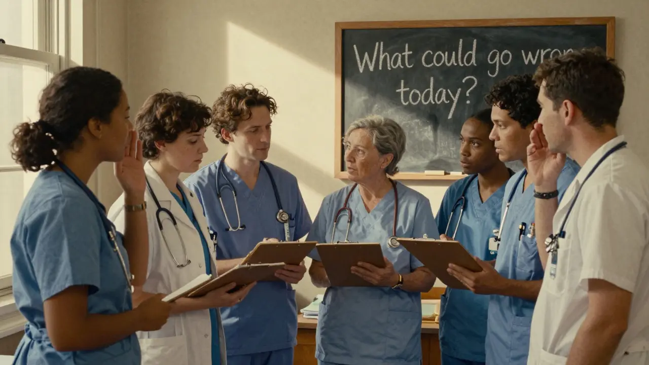 Healthcare team in quiet huddle at dawn, chalkboard asking 'What could go wrong today?'