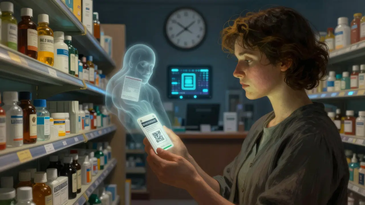Patient holding generic medication with glowing QR code, while an outdated label fades above it.