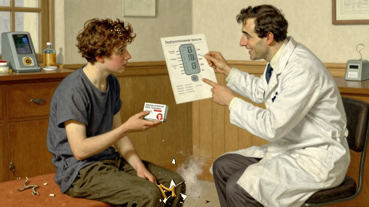 Patient holds safe DGL supplement as doctor shows stable blood pressure chart.