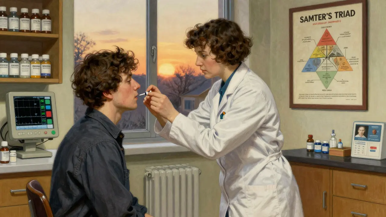 Patient undergoing supervised aspirin challenge in clinic, monitors showing asthma indicators.