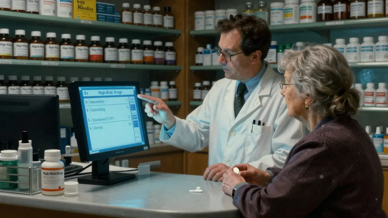 Pharmacist advising elderly woman about safe medication dosing