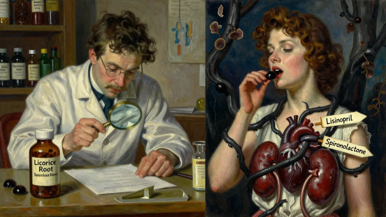 Pharmacist examines licorice supplement as dark vines block blood pressure medications.