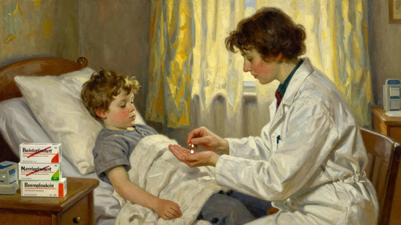 Pharmacist giving a child a stable medication while manufacturer boxes lie marked on the nightstand, warm and compassionate scene.