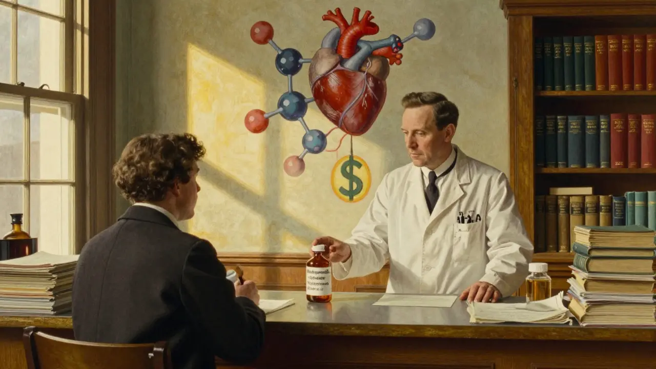 Pharmacist handing a biosimilar prescription to a patient in a 1920s-style pharmacy, with molecular mural and legal documents in background.