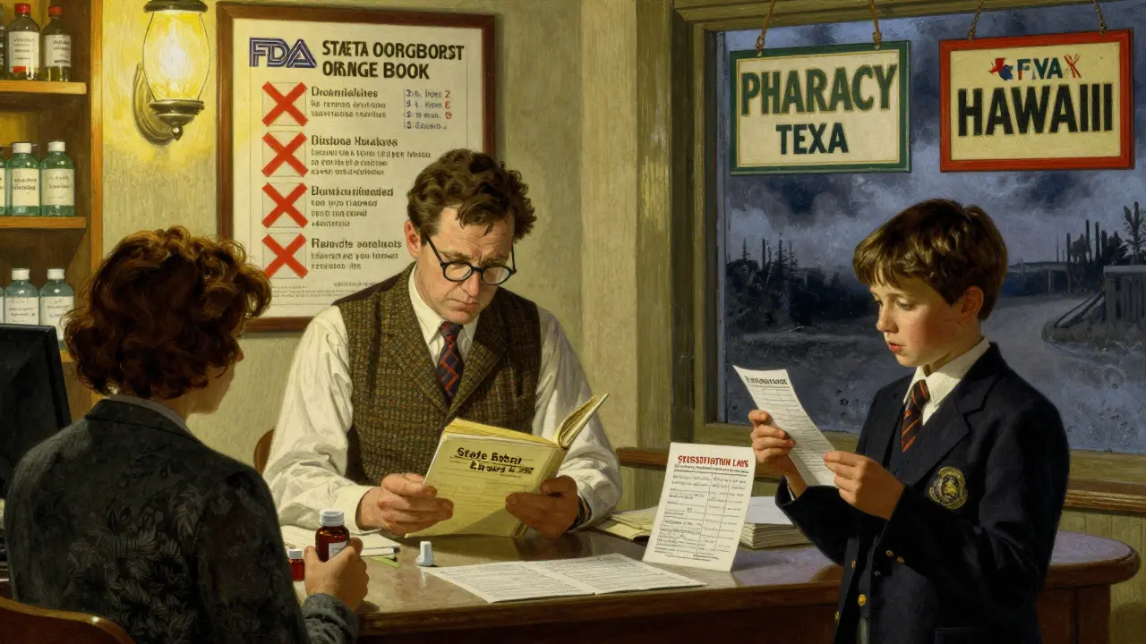 Pharmacist reading state laws while patient examines a medication notice, with competing pharmacy signs on the wall.
