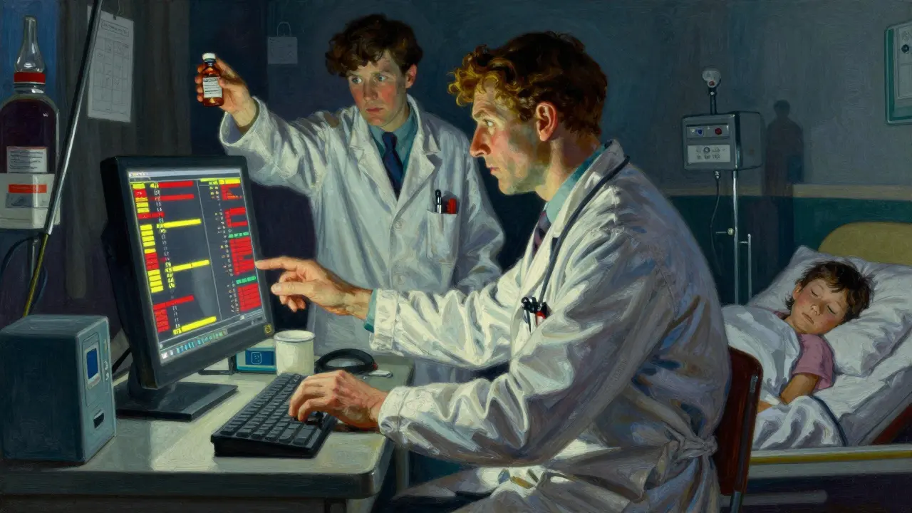 Physician overwhelmed by EHR alerts in ER, pharmacist pointing out mislabeled vial.