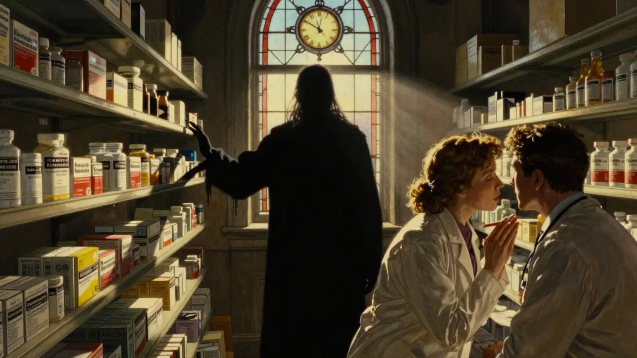 Shadowy PBM figure between expensive and affordable generics, doctor and patient whispering in dawn light.