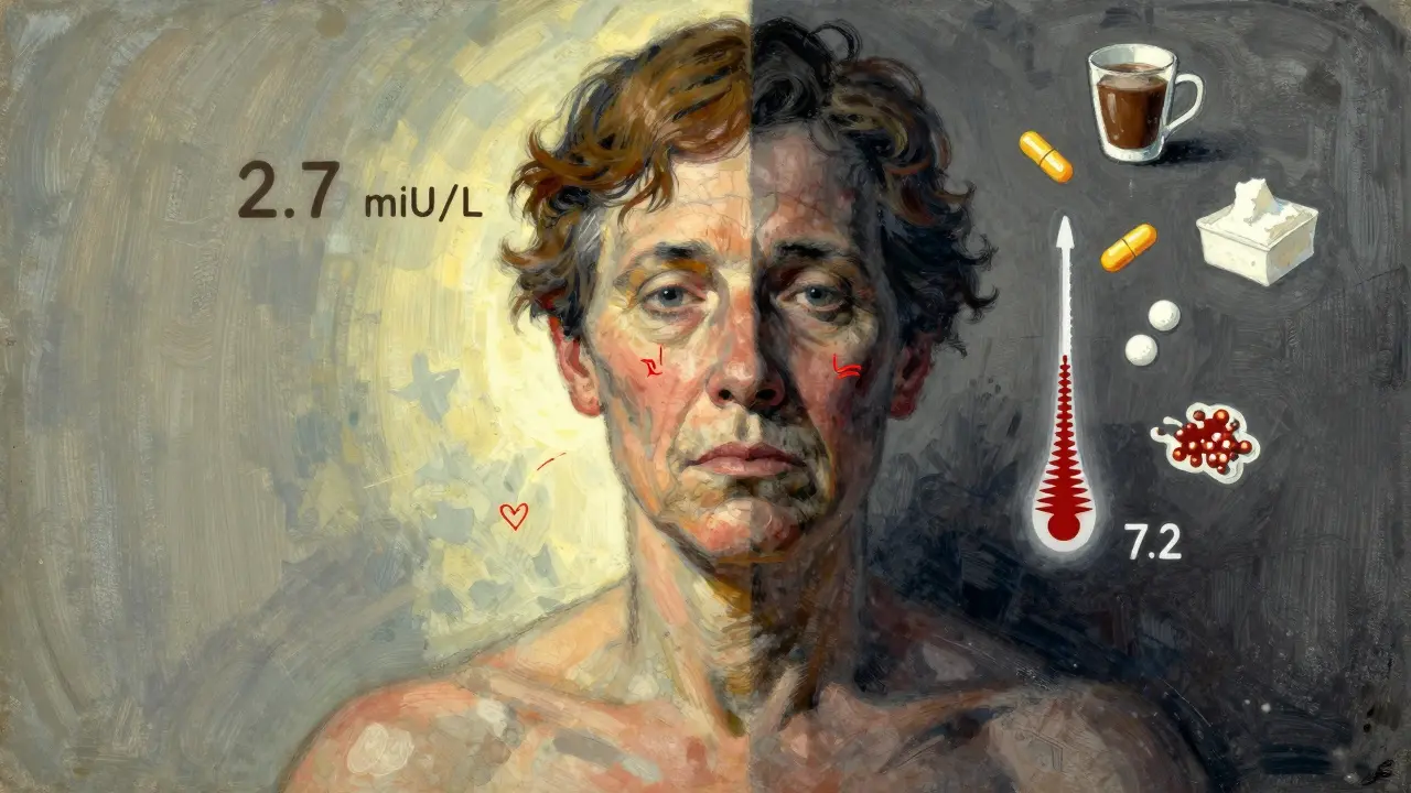Split portrait showing balanced vs. unstable thyroid symptoms with medical icons floating around.
