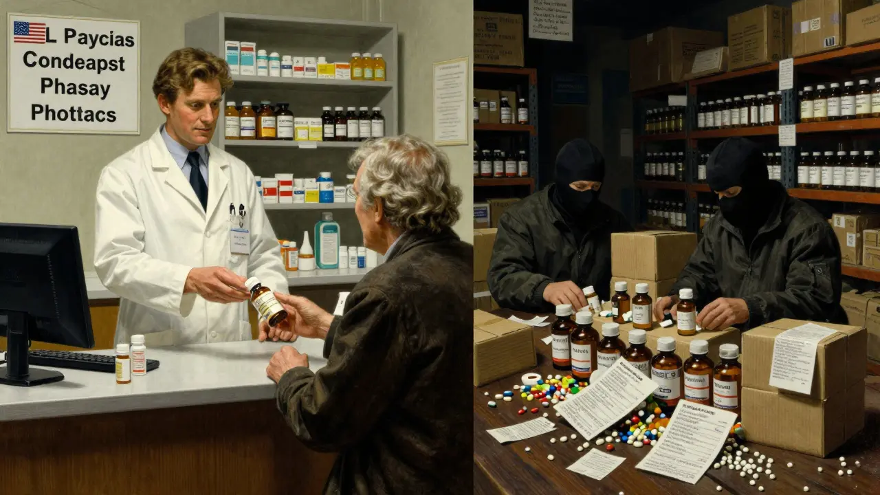 Split scene: a trustworthy pharmacist hands medication to a patient on one side, while counterfeit pills are packed in a dark foreign warehouse on the other.