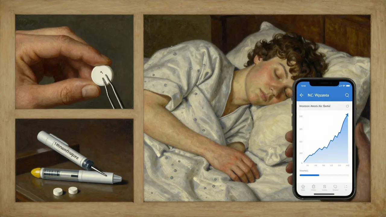 Three interconnected scenes showing medication adherence, injectable treatment, and a mood-tracking app, representing the quiet persistence of bipolar disorder management.