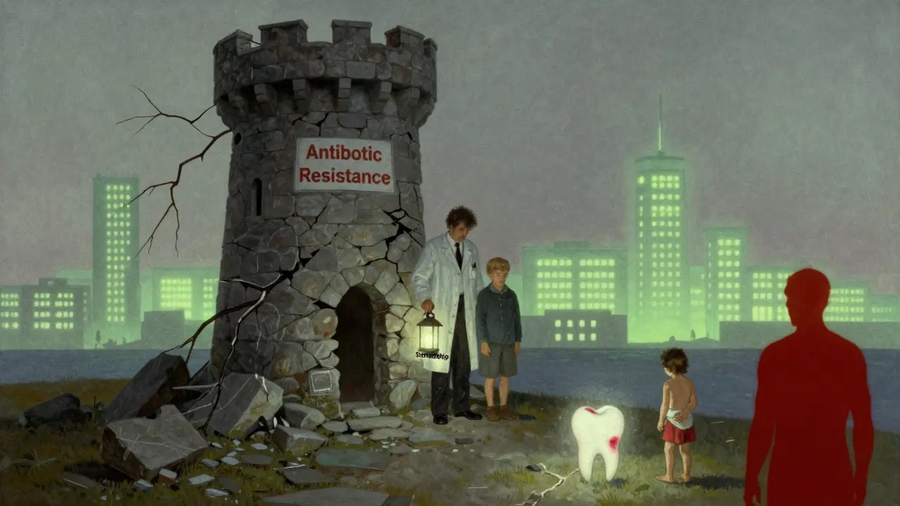 A crumbling tower of antibiotic resistance with a lantern of stewardship, a child's stained tooth and cracked tendon in foreground, glowing green hospital towers behind.