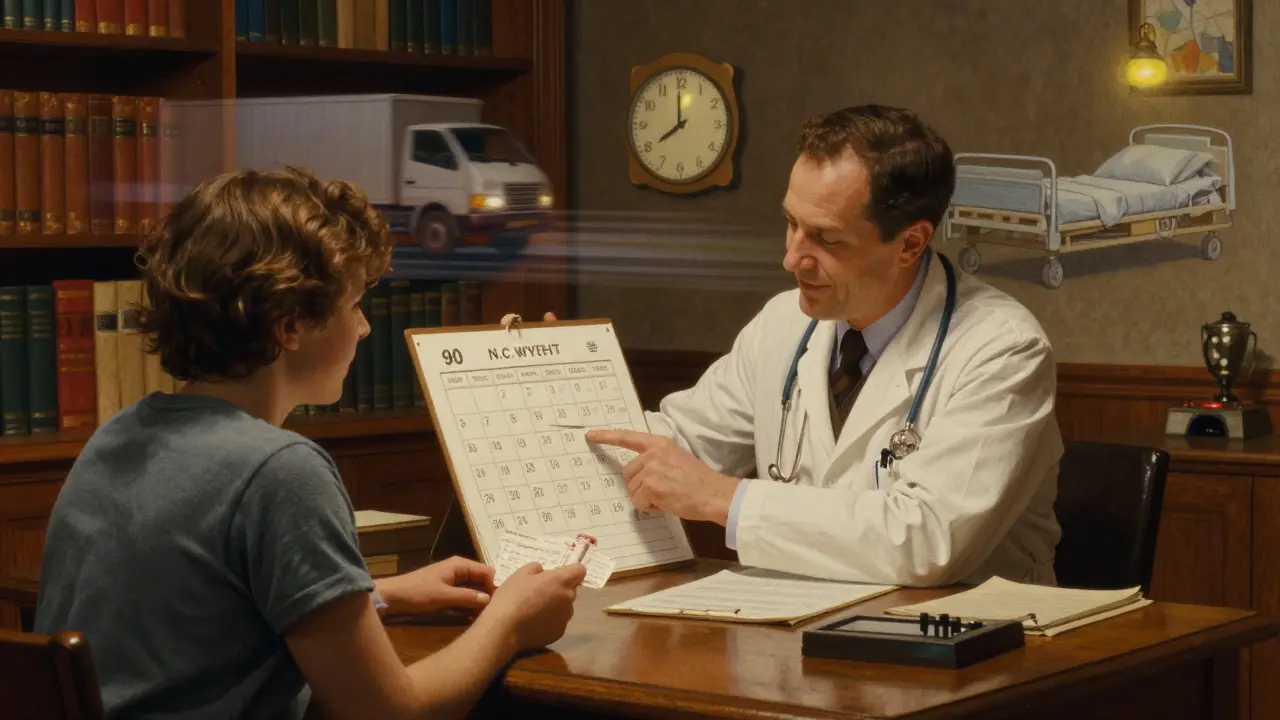 A doctor and patient review a flexible medication plan, with translucent scenes of life transitions behind them.