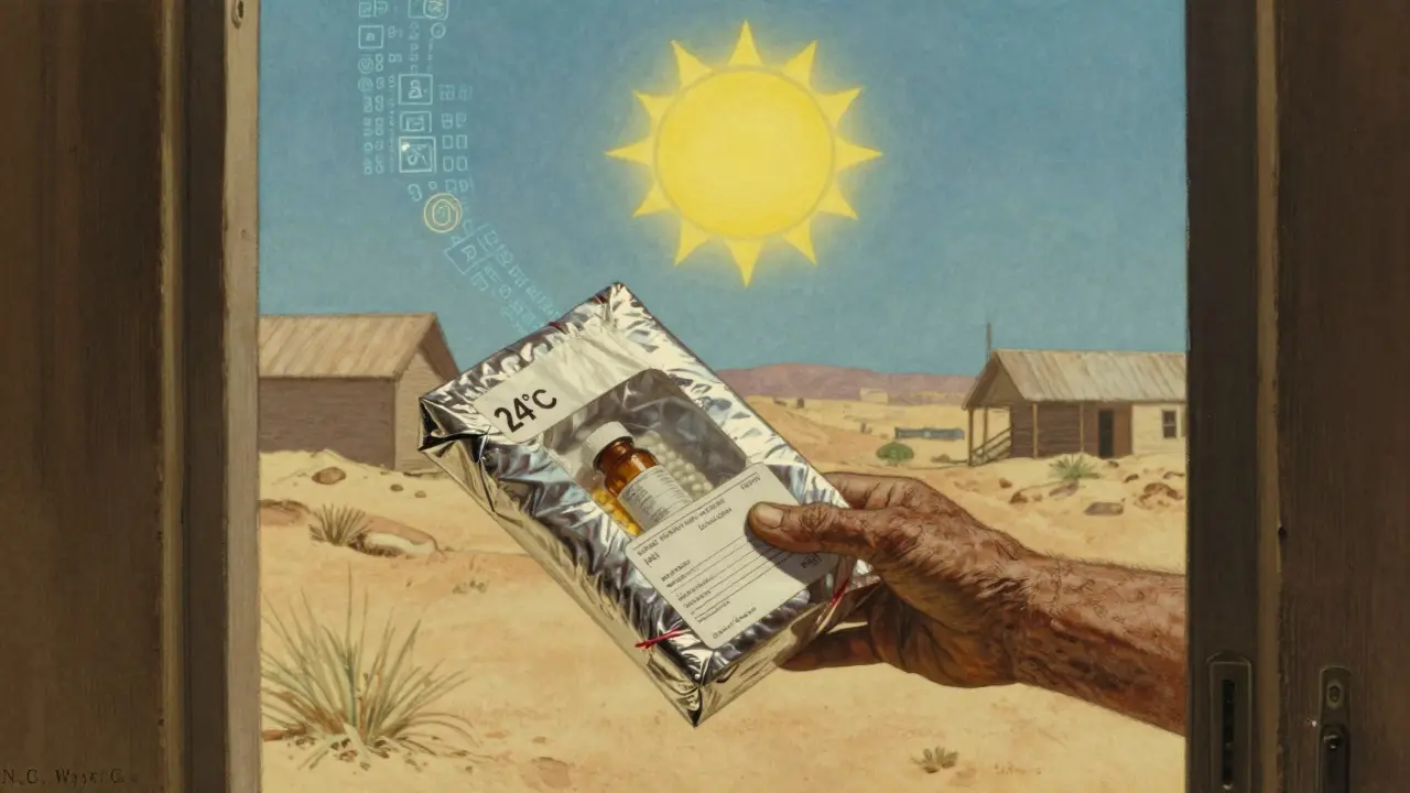 A hand receives a temperature-controlled mail-order package in a hot climate, with digital verification trails glowing faintly in the air.