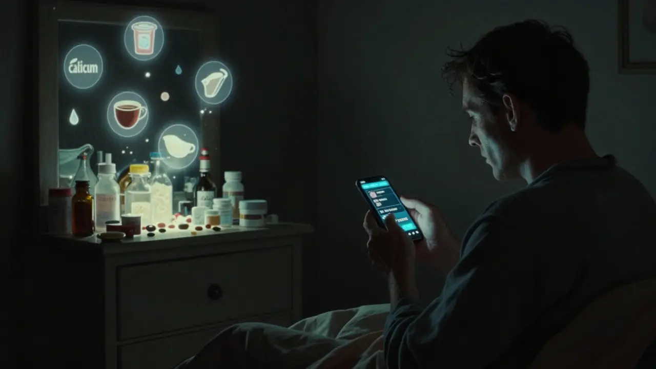 A man uses a smartphone app with medication alerts in a dim bedroom, while conflicting substances fade into shadow.