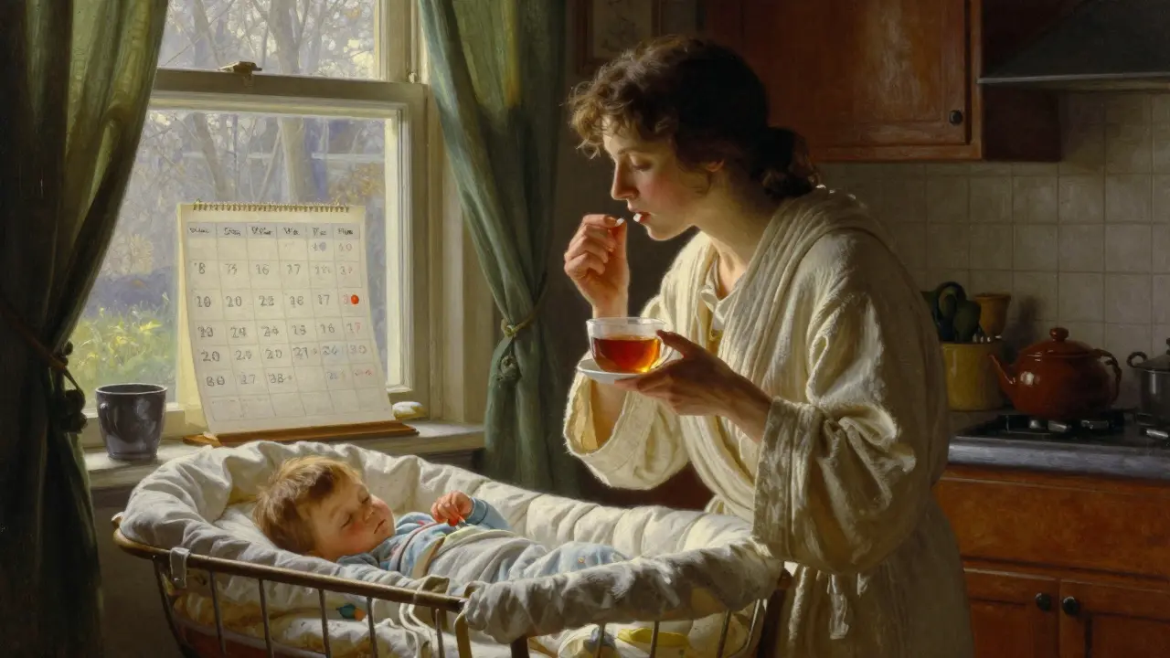 A mother takes medication after feeding, as her child sleeps nearby, bathed in soft morning light.