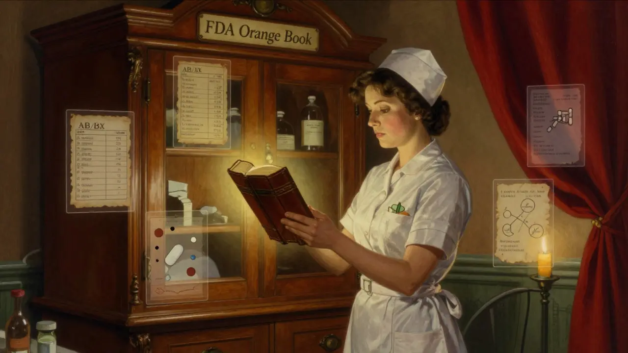 A nurse opens the FDA Orange Book in a richly lit room, with floating drug ratings and pill symbols glowing around her.