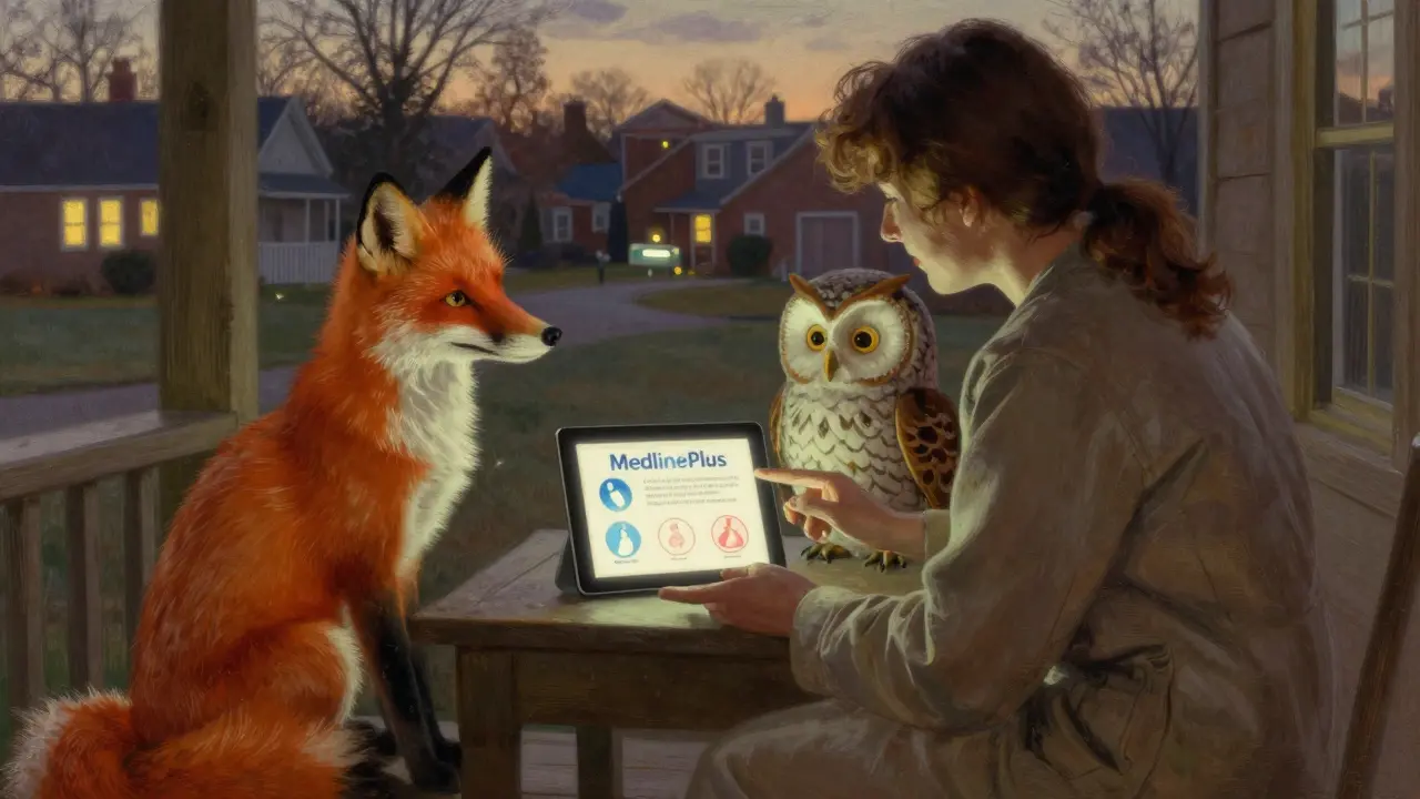 A patient and caregiver on a porch view MedlinePlus on a tablet, guided by symbolic fox and owl figures at dusk.