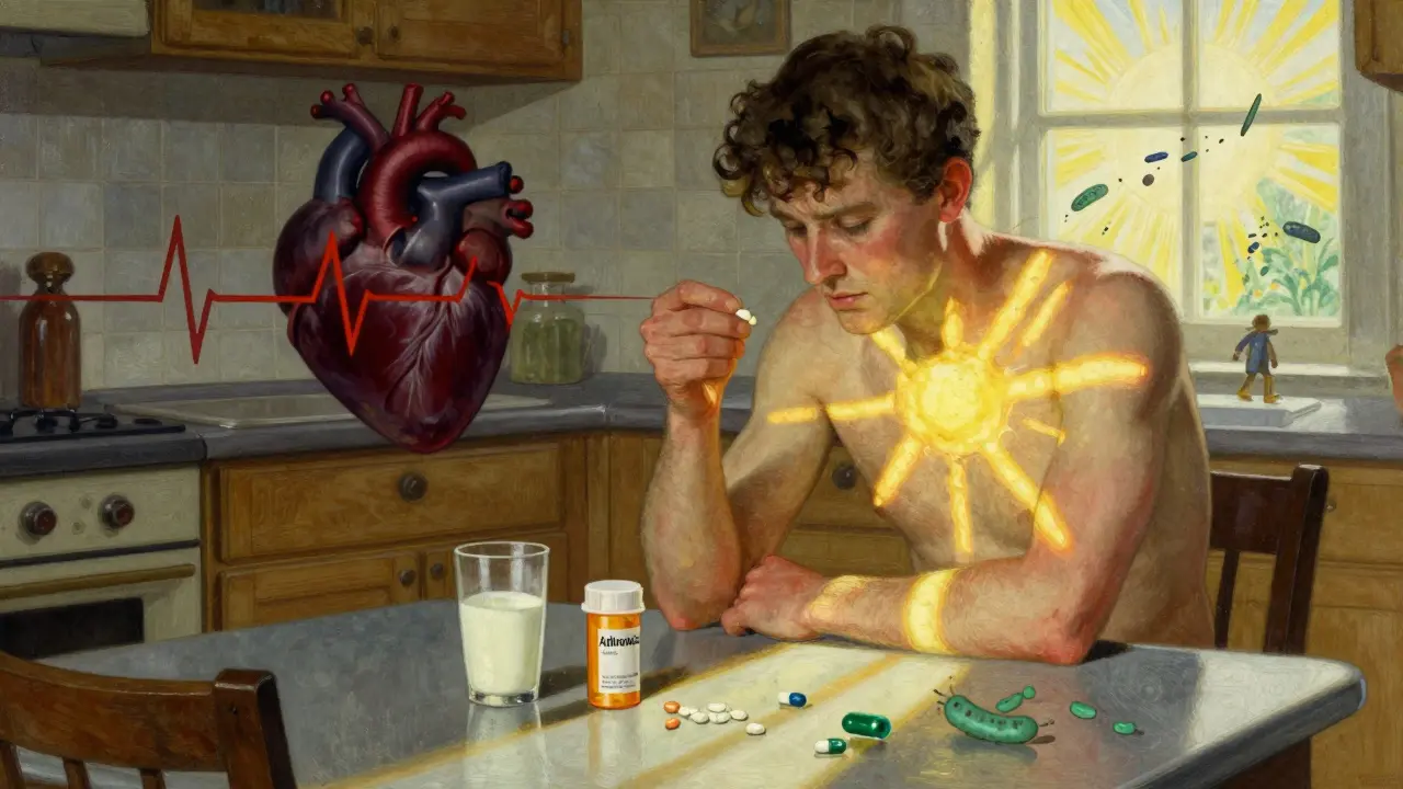 A patient beside a pill bottle, with a pulsing heart and sunburn pattern on skin, milk and antacids nearby, in rich illustrative tones.