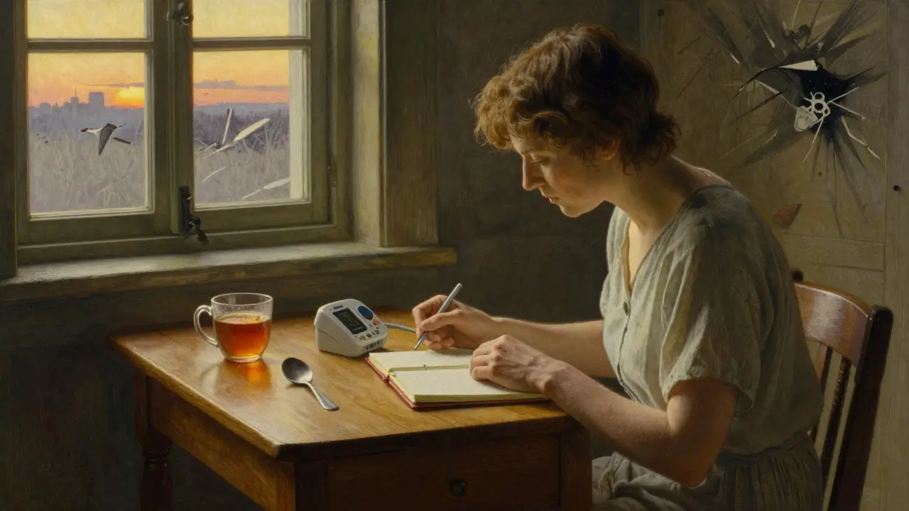 A person calmly tracking energy with a heart rate monitor at dawn, symbolizing pacing, in N.C. Wyeth illustration style.