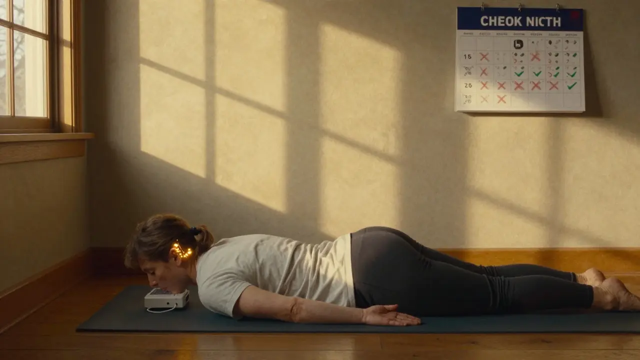 A person doing chin-tuck exercises at dawn, with a calendar showing fewer headache days and a small device behind the ear.