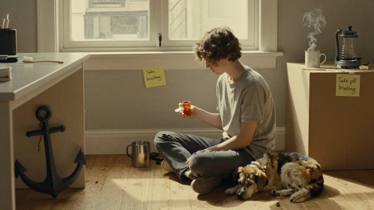 A person takes medication after brushing their teeth, with coffee and a dog nearby in a sunlit new apartment.
