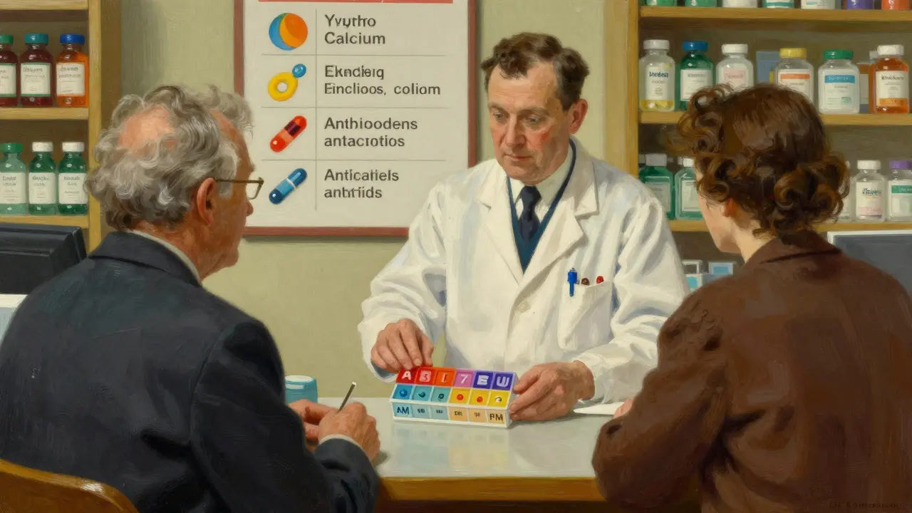 A pharmacist hands a labeled 7-day pill organizer to an older patient in a warmly lit pharmacy setting.