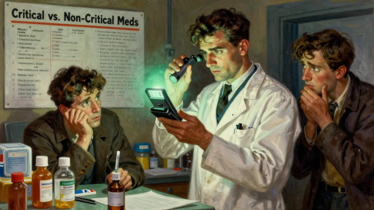 A pharmacist uses a portable device to test expired medication while two evacuees look on, with a decision chart visible in the background.