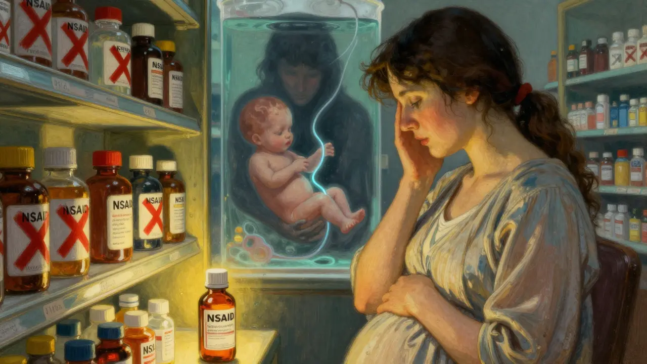 A pregnant woman choosing acetaminophen over NSAIDs at a pharmacy, with fetal safety imagery.
