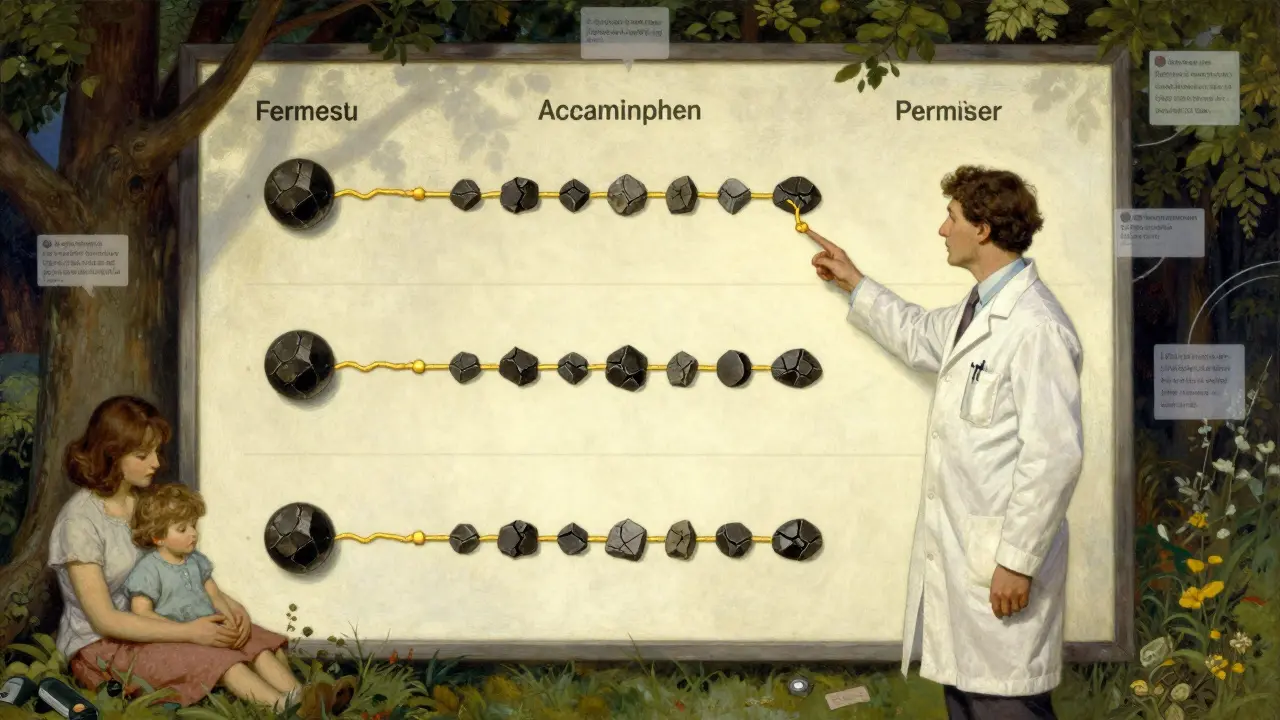 A trimester chart showing acetaminophen as a safe path, with NSAIDs blocked after 20 weeks.