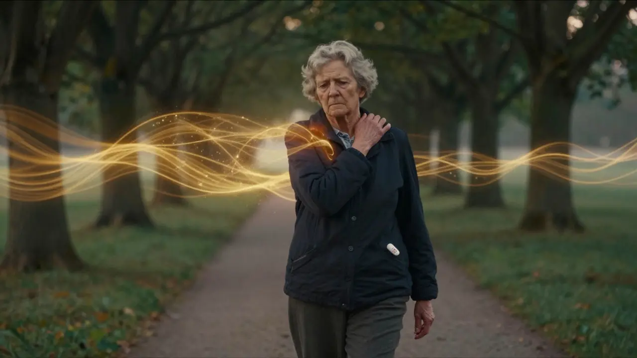 An elderly woman walking briskly at dawn, one hand on her shoulder, with golden energy waves symbolizing muscle recovery around her.