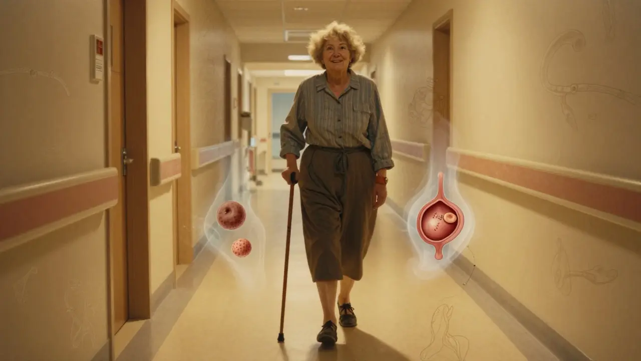 An elderly woman walking confidently after gallbladder surgery, stones dissolving into mist behind her in golden light.