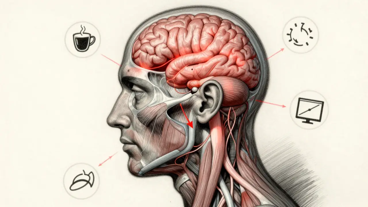 An illustrated human head showing neural pathways glowing red, with muscles marked by inward-pointing arrows.