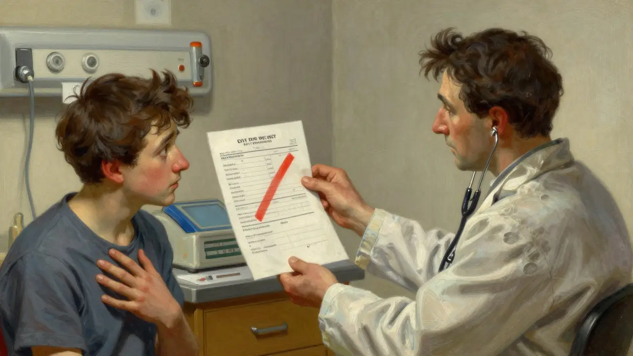 Doctor examining blood test with red warning mark in clinic