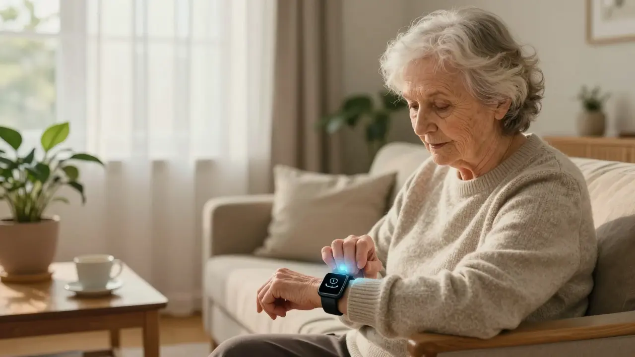 Elderly woman checking medication reminder on smart wrist device