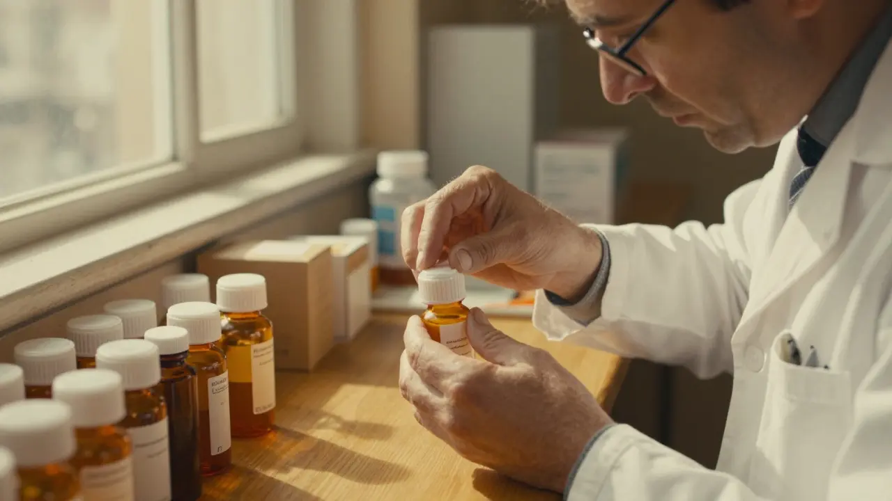 Pharmacist sealing prescription bottle with child-resistant cap