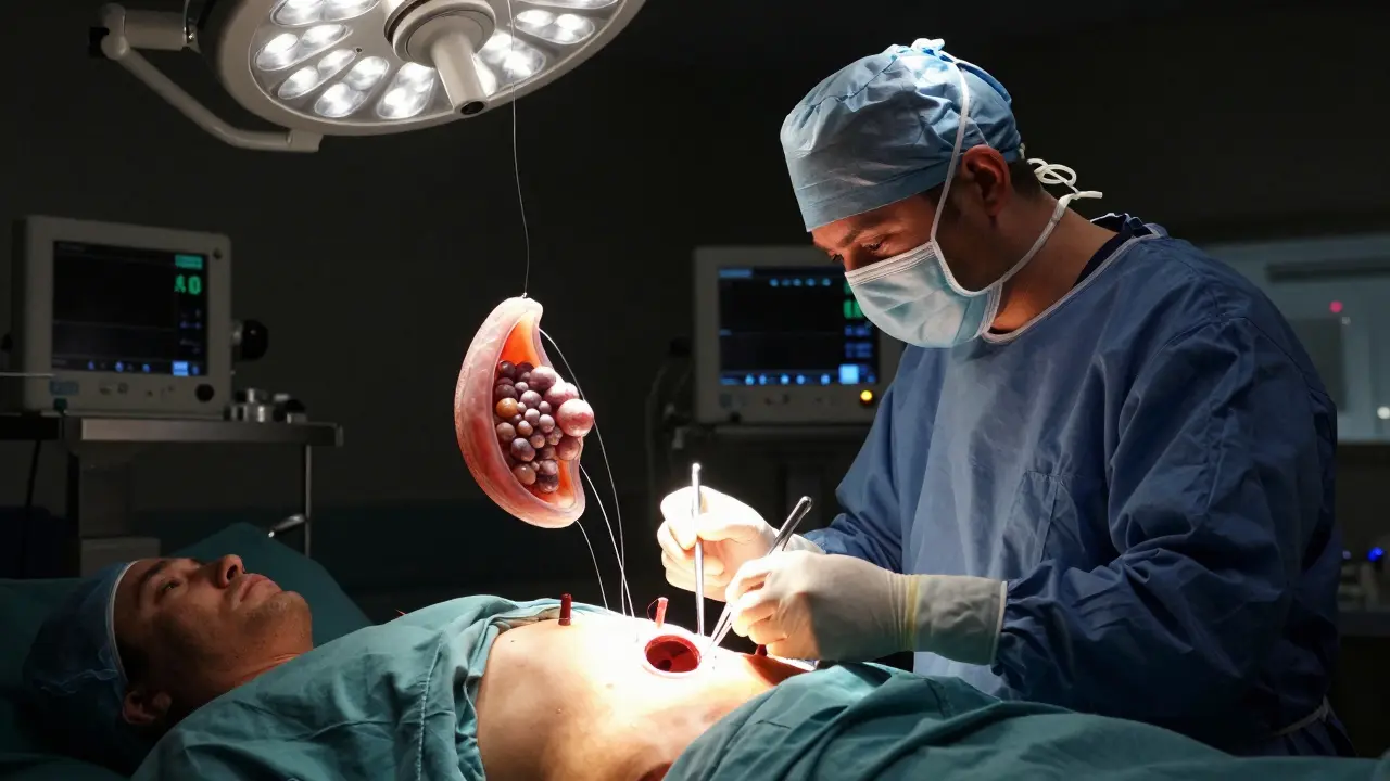 Surgeon performing laparoscopic gallbladder removal with glowing tools and suspended gallbladder, intense medical lighting.