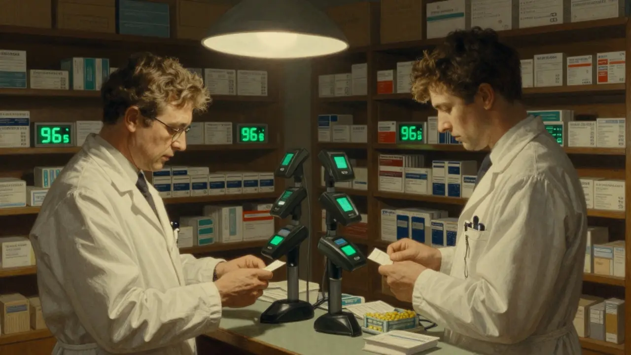 Two pharmacists verify a high-risk prescription in a warehouse, scanning pills at four checkpoints under bright lights with temperature logs visible.