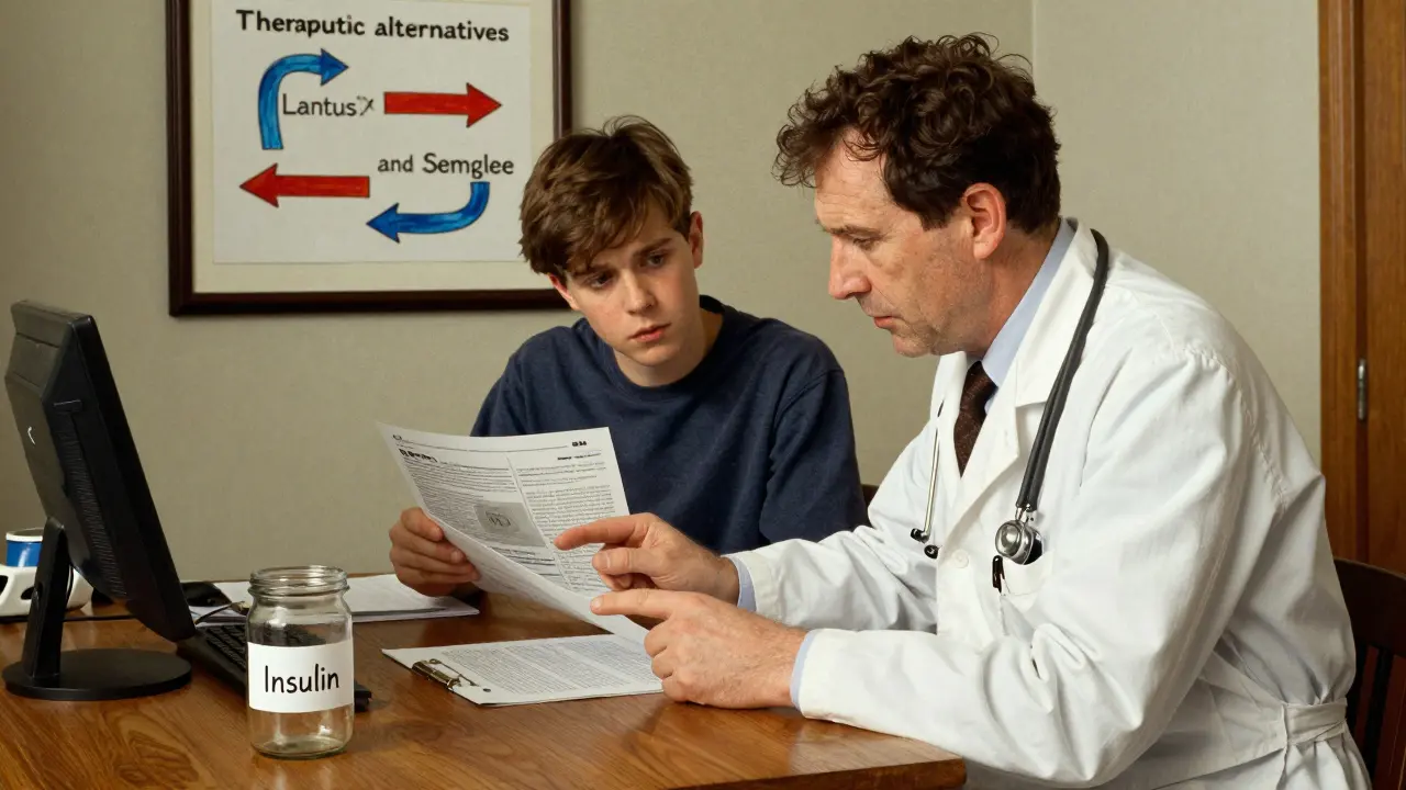 A doctor and parent examine a medical chart together, with insulin bottles and FDA-approved drug alternatives visible on a wooden desk.