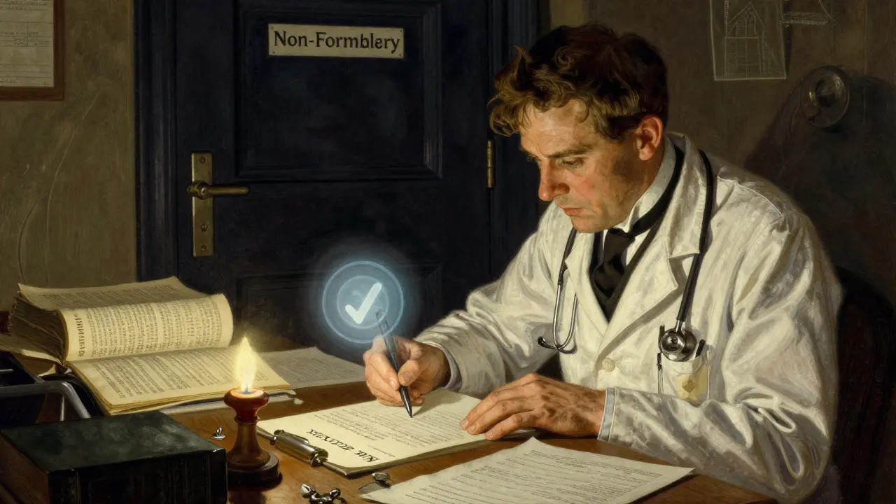 A doctor writing an exception letter as a glowing approval stamp hovers, while a locked door labeled 'Non-Formulary' looms behind.