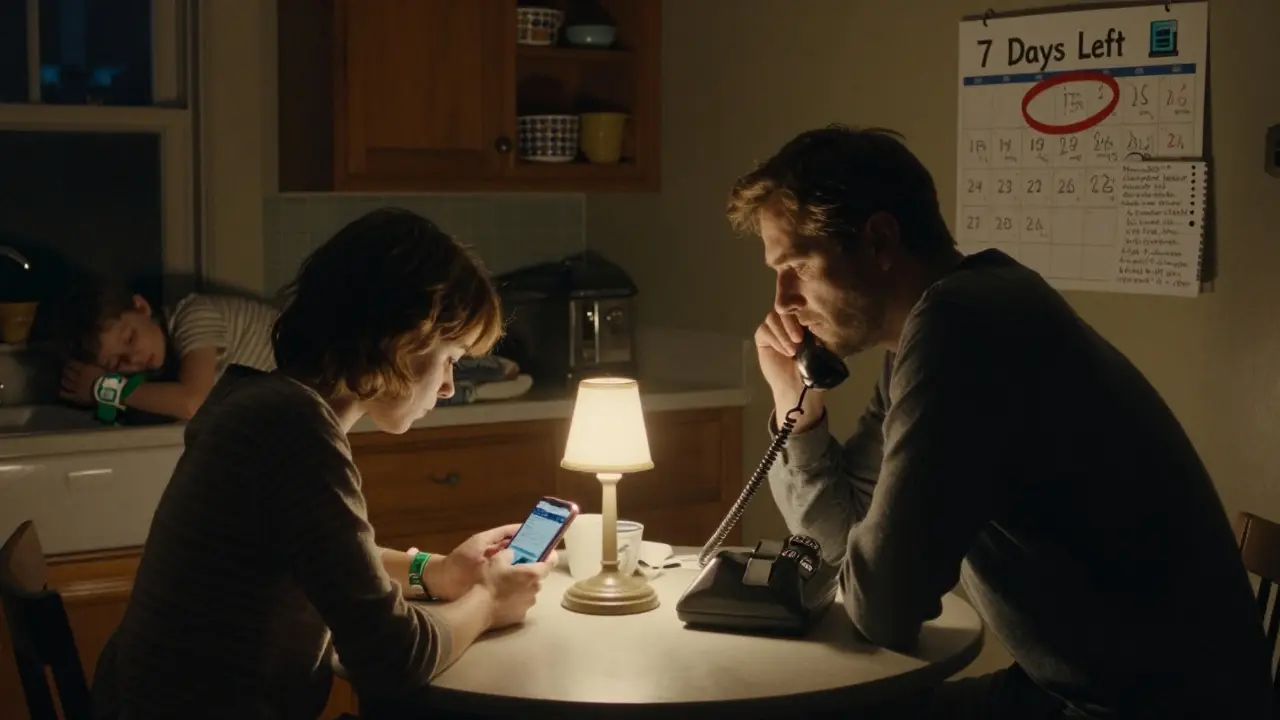 A family at a kitchen table searches for medication alternatives during a shortage, with a child sleeping nearby and a calendar marked '7 Days Left'.
