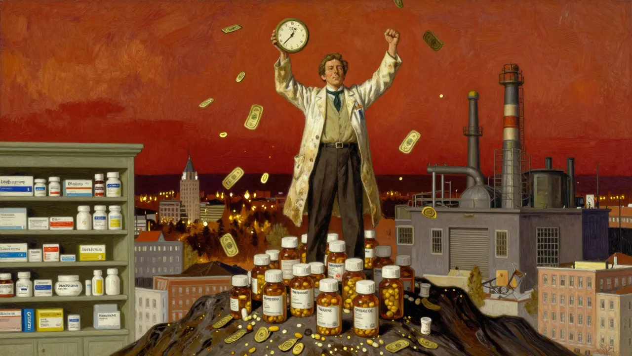 A generic drug maker stands atop a pile of pills as money rains down, with a shuttered brand drug factory in the distance.