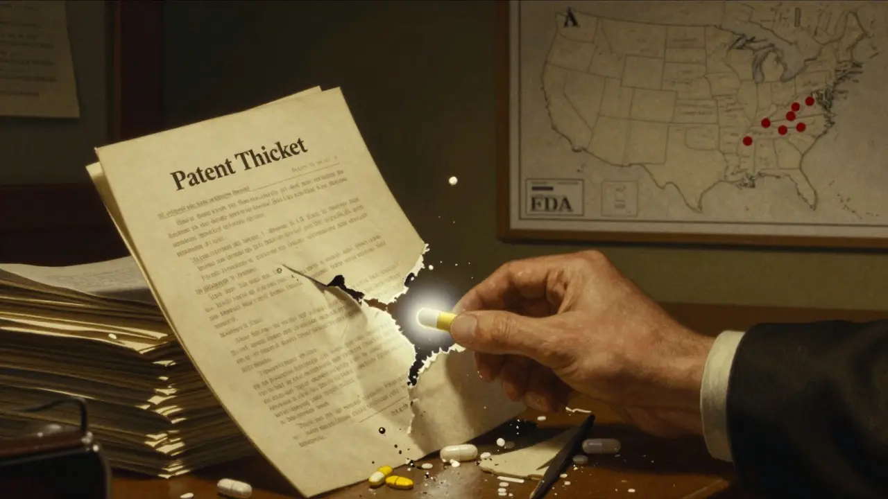 A hand tears through a stack of patents in an FDA office as a glowing generic pill emerges from the chaos.