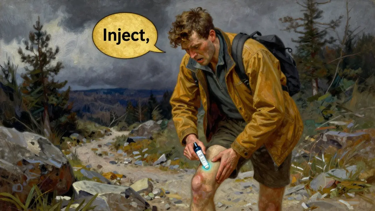 A hiker uses an Auvi-Q auto-injector on his thigh as a voice prompt guides him during a sudden allergic reaction.