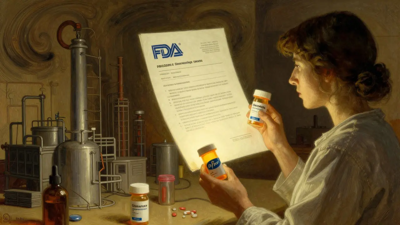 A patient holding two prescription bottles while a glowing FDA document floats nearby, showing authorized generics.