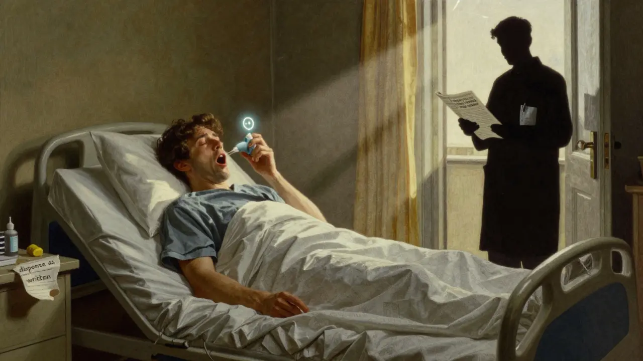 A patient struggles in a hospital bed with a generic inhaler while a doctor holds the original, symbolizing the need for proper training.