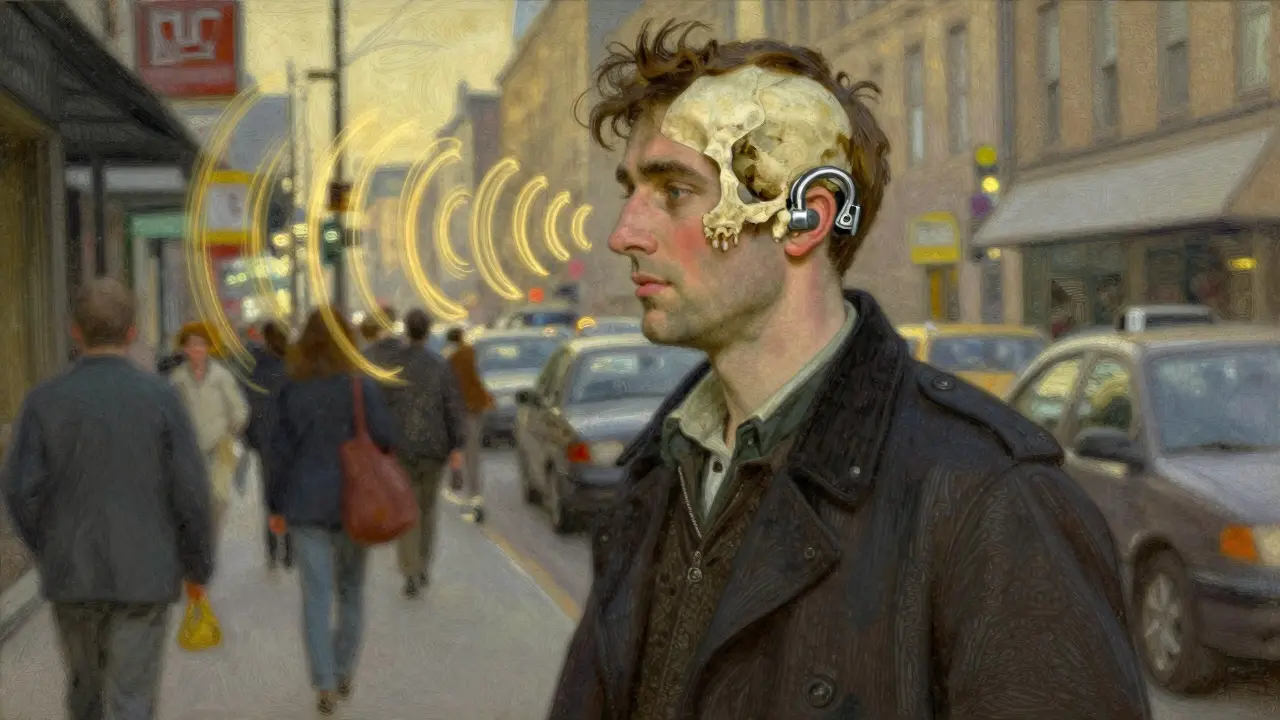 A person with a bone-anchored device standing in a noisy street, sound vibrations traveling through their skull.