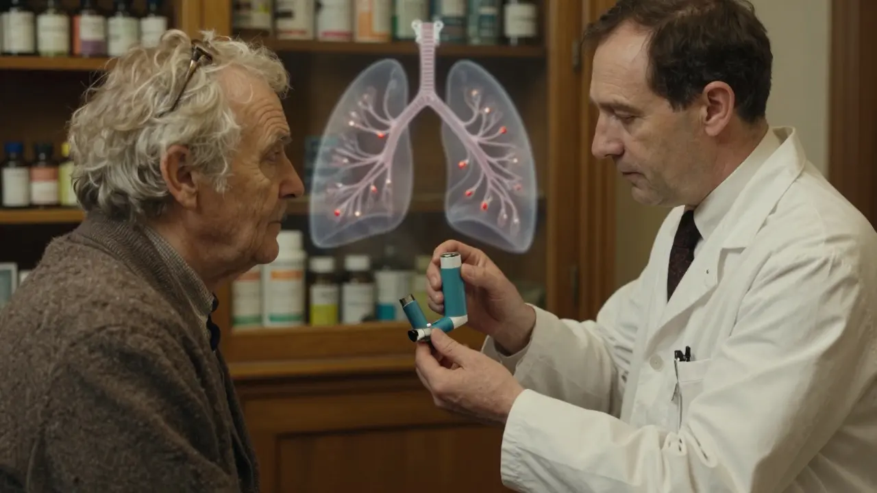 A pharmacist teaches an elderly patient how to use a new inhaler, highlighting the difference in device mechanisms.