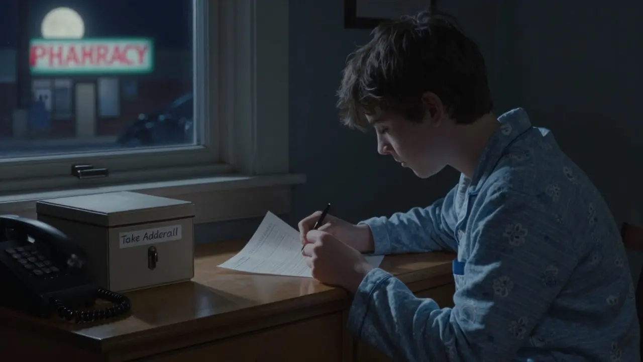 A teen checking medication logs by moonlight beside a locked pill box.